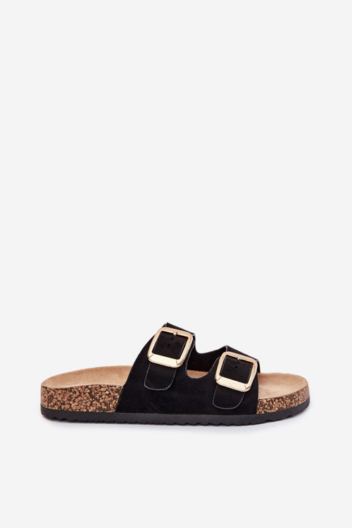 Women Slippers From Eco Suede Golden Buckles Black Vorella