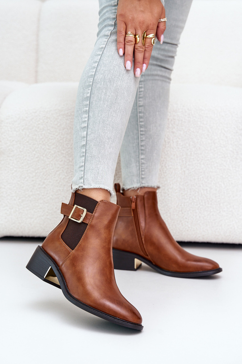 Sztyblety Botki Ocieplane Niski Obcas Złota Klamra Camel Vomera