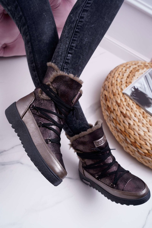 Damskie Botki Śniegowce Ocieplane Futerkiem Ciemnoszare Fereni