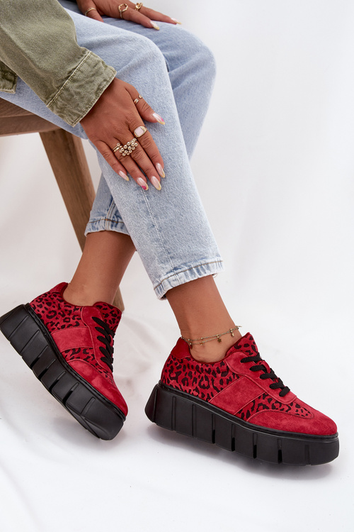 Suede Insulated Women's Sneakers On a Thick Platform Vinceza 66841 Leopard Red