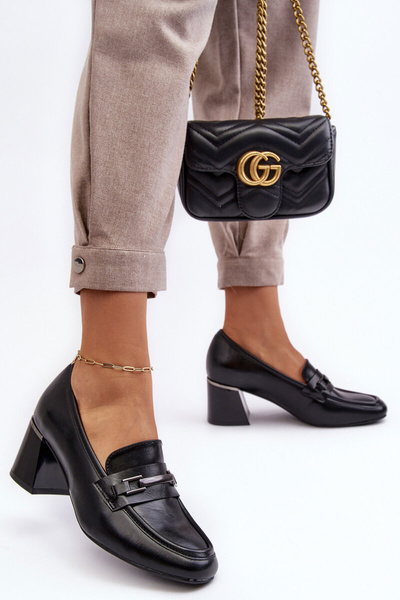 Czółenka Skóra Słupek Czarne Idona 58202