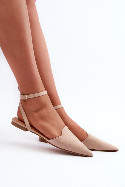 Lace-up Ballerina Flats in Beige Faux Suede with Pointed Toes Ellesara