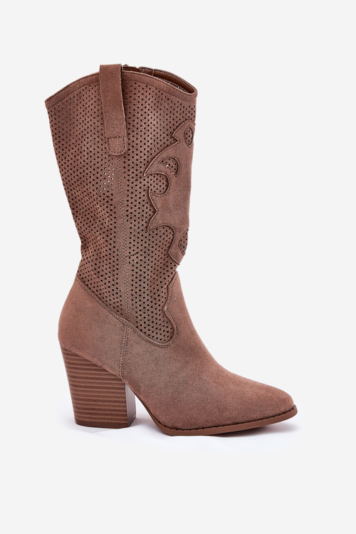 Kozaki Kowbojki Ażurowe Na Obcasie Słupku Do Połowy Łydki Na Zamek Brązowe S.Barski HY51-606