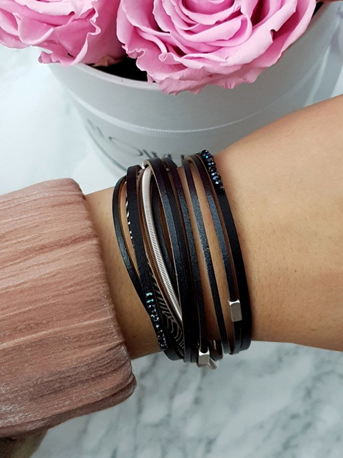 Women's Row Bracelet Wide Black Michiko Crystals