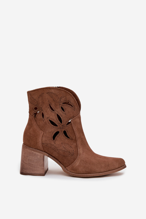 Women's Openwork Ankle Boots Made of Natural Suede on Heel Zazoo 3690 Brown