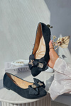 Women's Eco-Suede Ballerina Flats with Bow and Brooch Black Satris