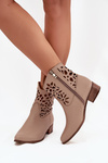 Zazoo 3404 Perforated Cowboy Ankle Boots With Low Heel Leather Dark Beige