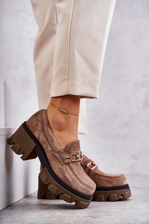 Półbuty Zamsz Obcas Złota Ozdoba Brązowe Lemar Lurdes