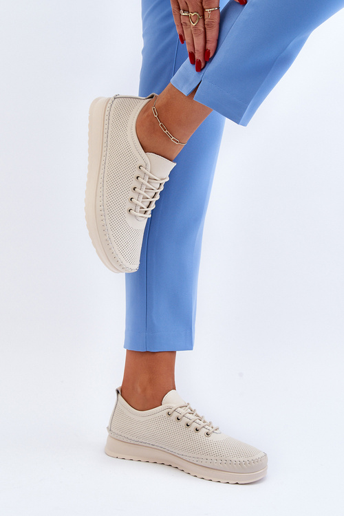 Sportowe Buty Trampki Damskie Skórzane Beżowe Lalnai