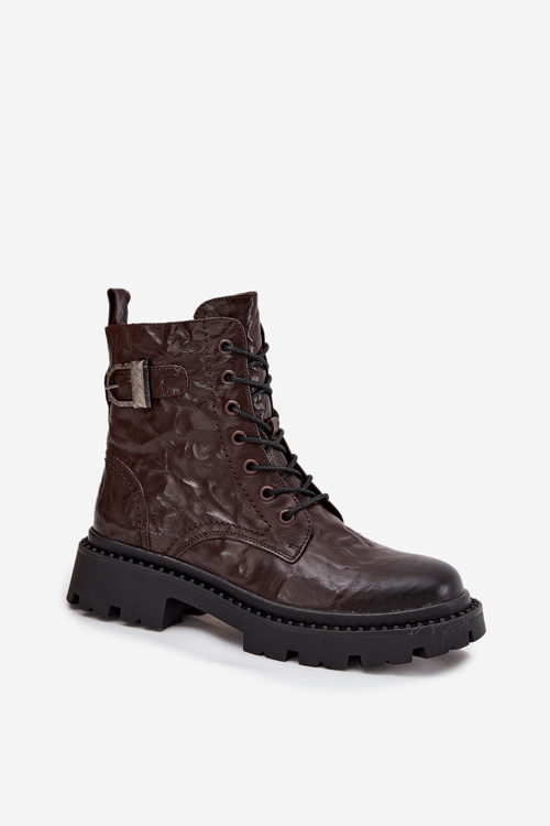 Leather Women's Ankle Boots With Wrinkled Effect And Buckle Artiker 57C1007 Chocolate