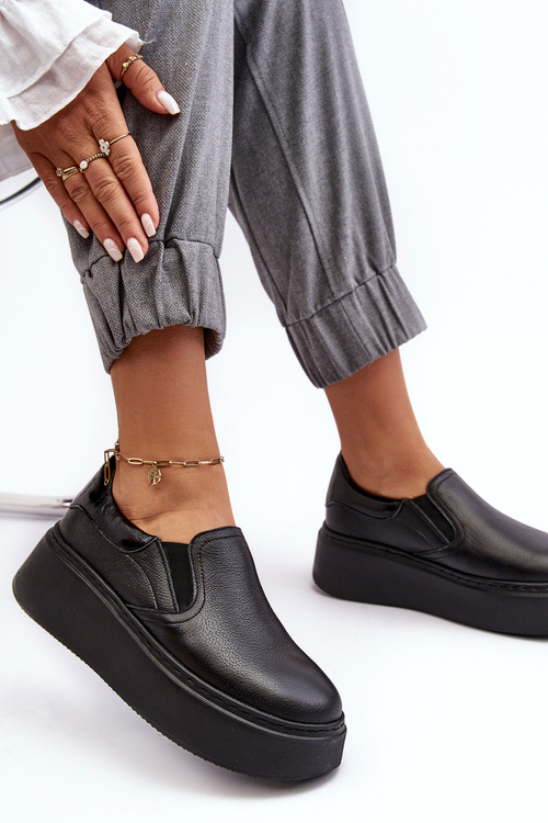 Buty Sportowe Damskie Skóra Platforma Czarne Lemar Manish 10151