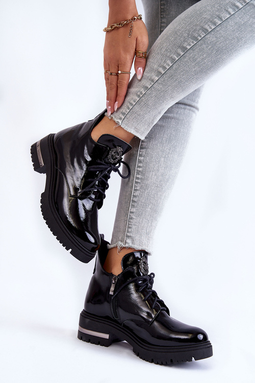 Botki Damskie Lakier Płaski Obcas Czarne Zazoo 60309