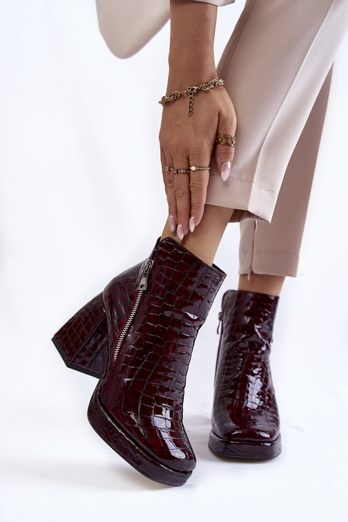 Leather Ankle Boots Crocodile Pattern Burgundy Alienore