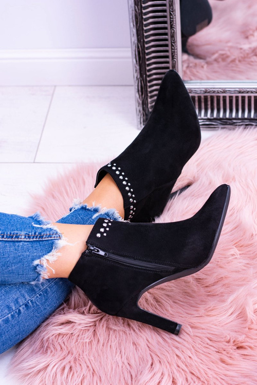 Damskie Czarne Botki Na Szpilce Nity Bemi