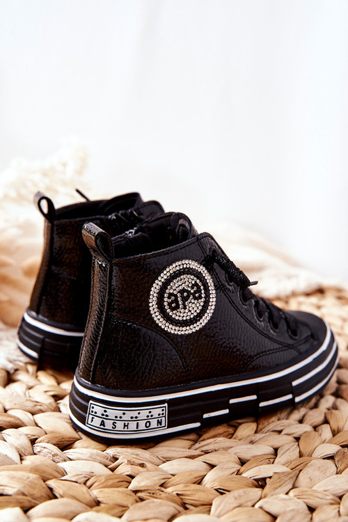 Children's Lacquered High Boots Zipper Sneakers Black Evia