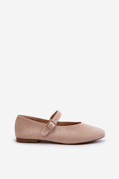 Beige Buckled Faux Suede Ballerina Flats Anlofi