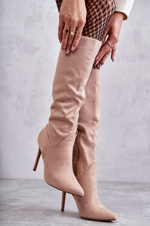 Kozaki Klasyczne Zamsz Szpilka Beżowe Ameya