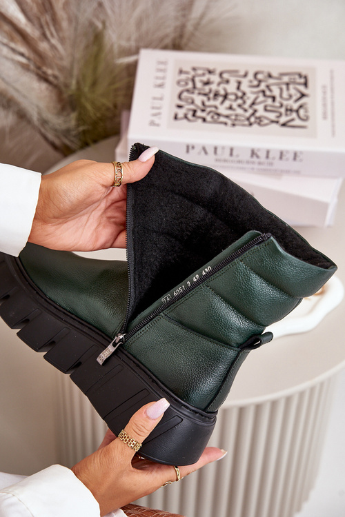 Women's Leather Ankle Boots With Zipper Insulated With Felt Dark Green Zazoo 60512