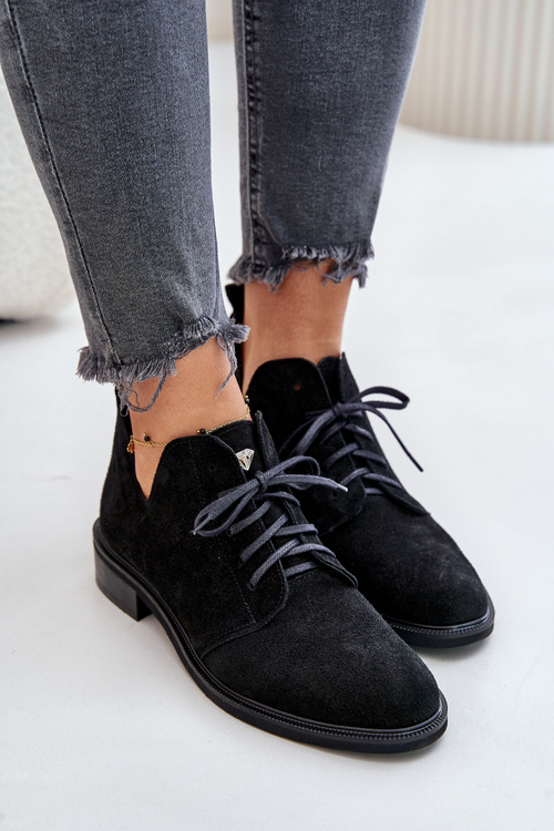 Damskie Zamszowe Sznurowane Półbuty Oksfordki Na Płaskim Obcasie Zazoo 2959 Czarne