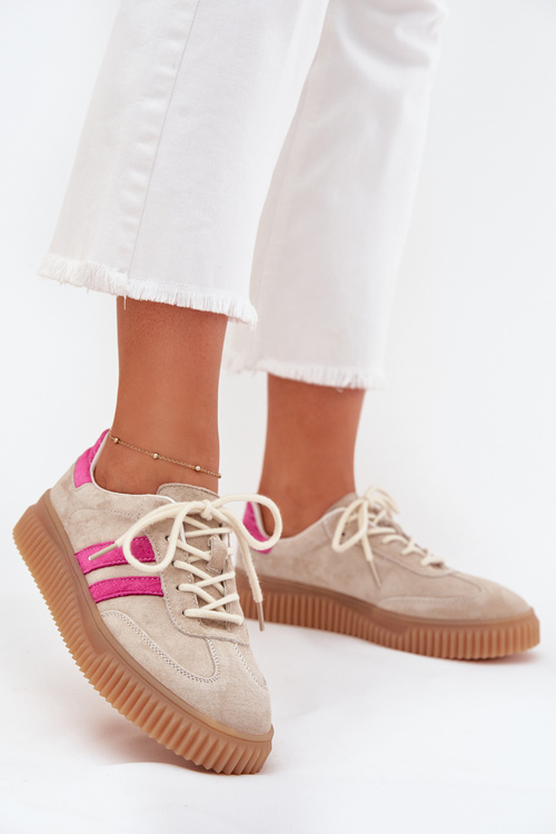 Zamszowe Damskie Sneakersy Platforma Beżowo-Różowe Cavira