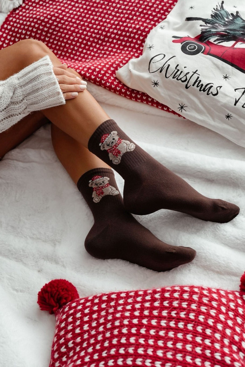 Women's Christmas Socks Bear In Santa Hat Chocolate