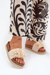 Ladies platform sandals with decorative flowers beige Tessara
