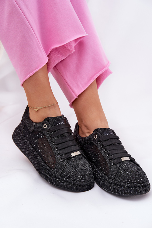 Sneakersy Damskie Na Platformie Zdobione Czarne GOE NN2N4021