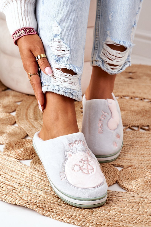 Velor Slippers With A Cat Green Good Morning