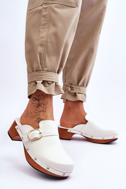 Women's Leather Slippers Clogs White Fanett