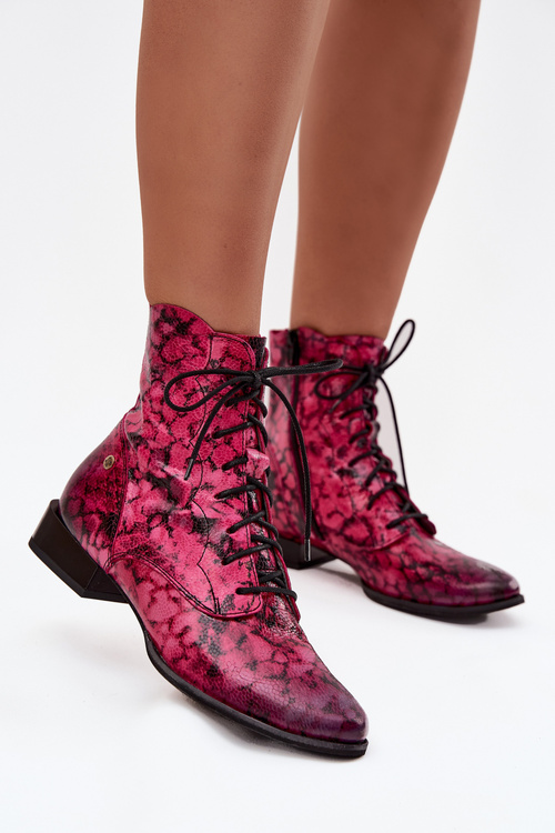 Leather Patterned Ankle Boots On Flat Heel Maciejka 06391-23 Pink