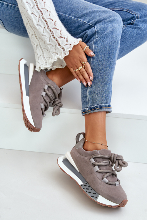 Damskie Zamszowe Sneakersy Grube Sznurowanie Platforma Szare Artiker 54C1463