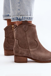 Zazoo 3329 Suede Cowboy Ankle Boots Low Heel Dark Beige