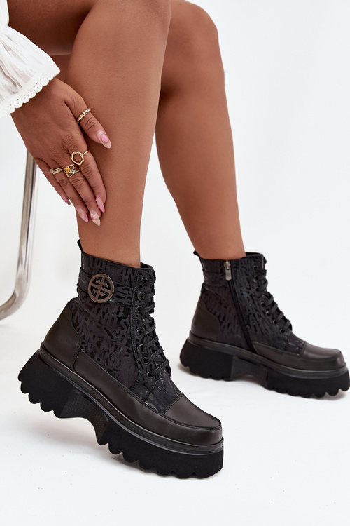 Leather Women's Platform Ankle Boots with Prints and Decorative Detail Artiker 57C2273 Black