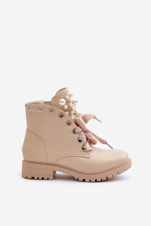 Beige Boots With Pearls, Rhinestones And Ribbon Nudago