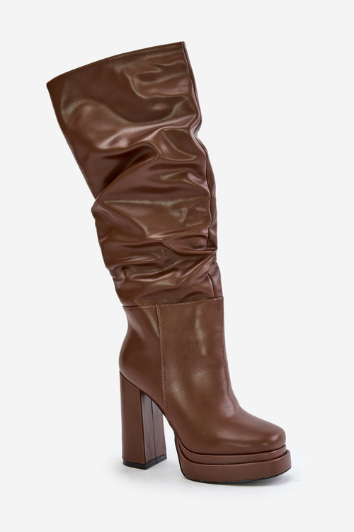 Slip-On Knee-High Boots With Heels And Platform With Gathering Insulated Brown Beridra