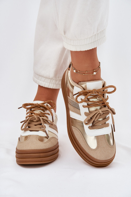 Damskie Sneakersy Z Podwójnym Sznurowaniem Na Platformie Panterka Złote Niteria