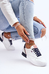 Leather Lace Up Platform Sports Shoes White and navy blue Merida