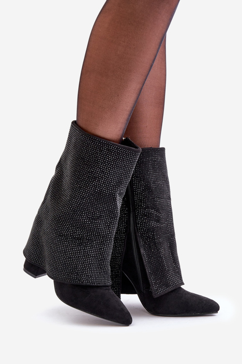 Embellished Shiny Ankle Boots With Turned Shaft On Block Heels Insulated Black Xistaria