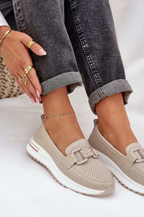 Women's Leather Moccasins on Platform S.Barski LR51-556 Beige