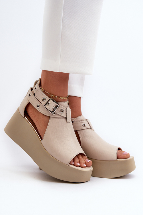 Zazoo 1732 Leather Wedge Sandals Beige
