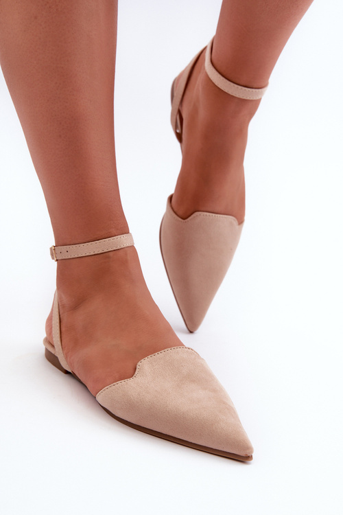 Lace-up Ballerina Flats in Beige Faux Suede with Pointed Toes Ellesara