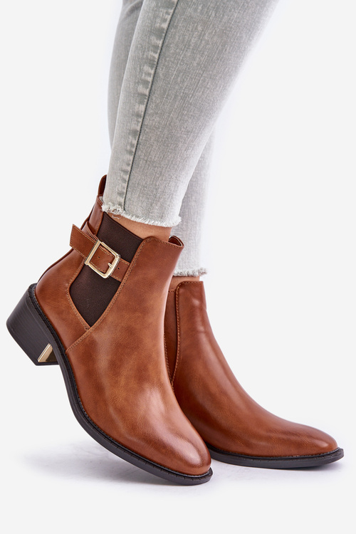 Sztyblety Botki Ocieplane Niski Obcas Złota Klamra Camel Vomera