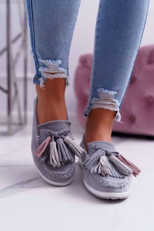 Women's Leather Suede Fringed Moccasins Grey Batist