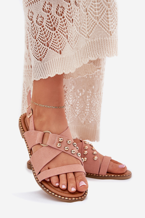 Damskie Sandały Płaskie Złote Ćwieki Różowe Zanira