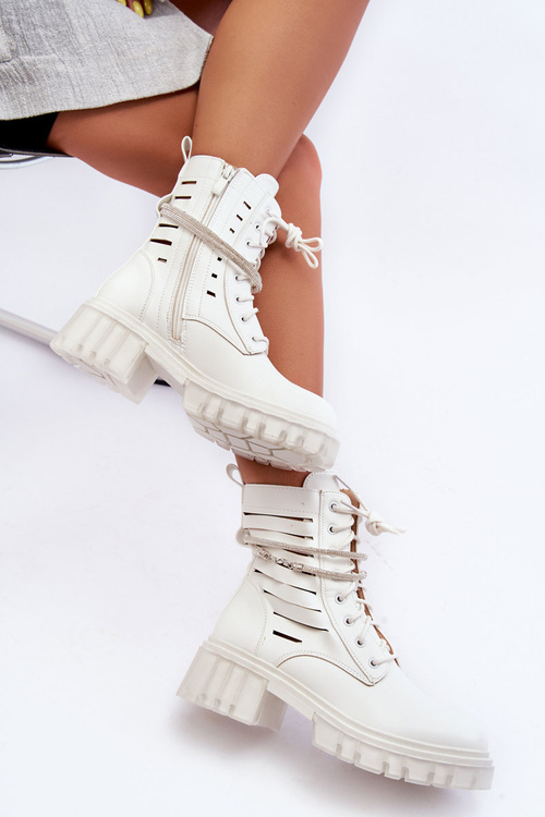 Fashionable Lace-up Boots with Decorative Strip White Rocky