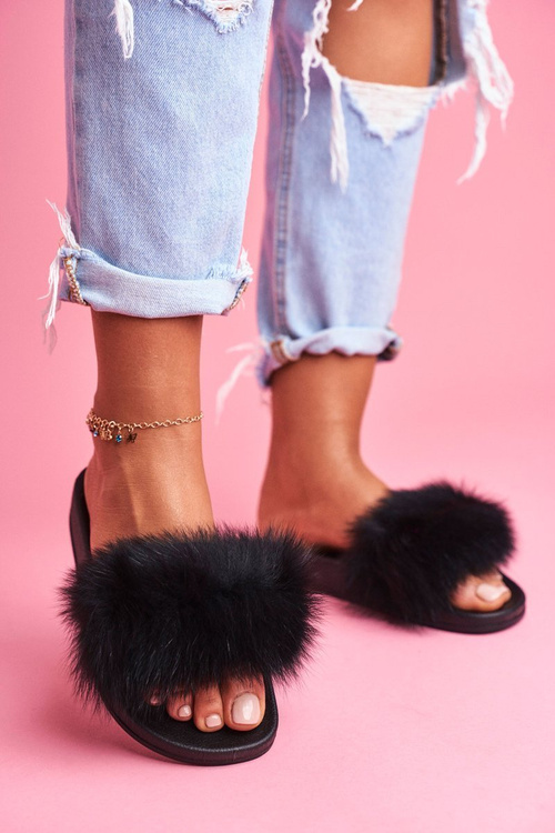 Flip Flops with Natural Fur Black Naturis