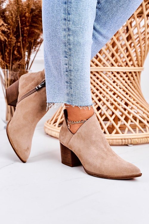 Women's Boots With A Cut On Block Heel Suede Beige Lawrence