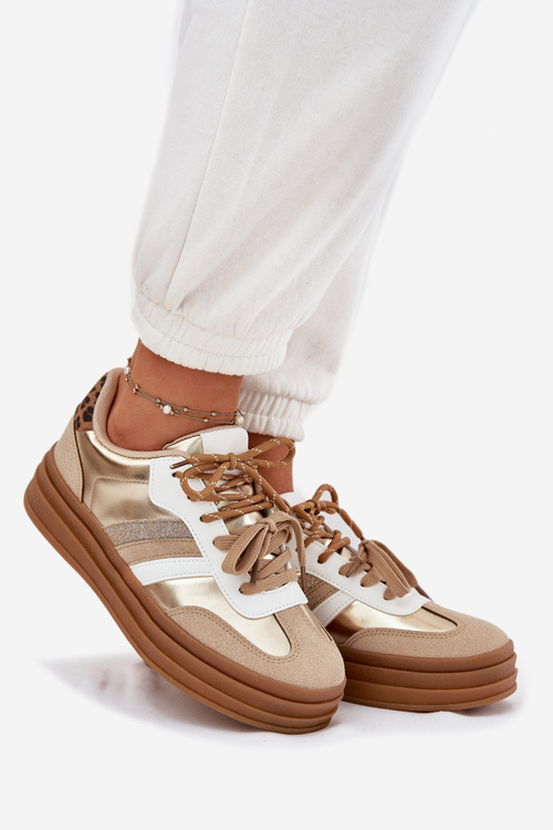 Womens Platform Sneakers With Double Lacing Leopard Gold Studs