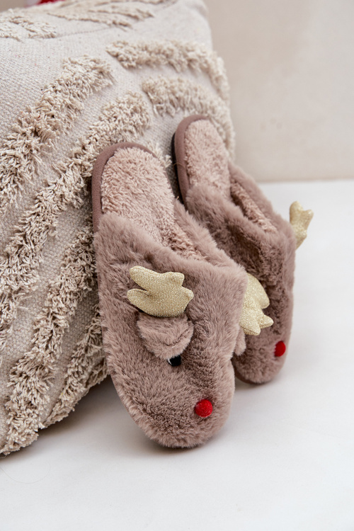 Christmas Slippers With Reindeer Design Furry Dark Beige Asielle