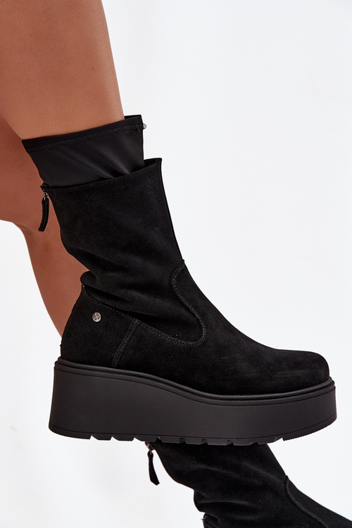Botki Damskie Zamsz Masywna Platforma Czarne Maciejka A7161-20